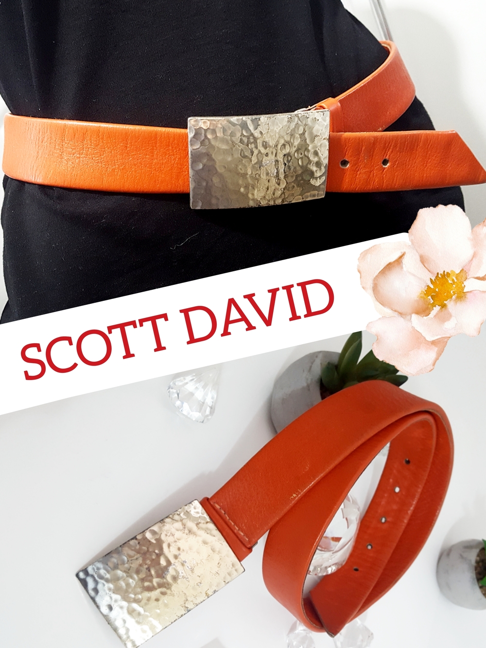 Vtg Scott David🧡Orange Leather Belt with Hammered Silver Metal Buckle
